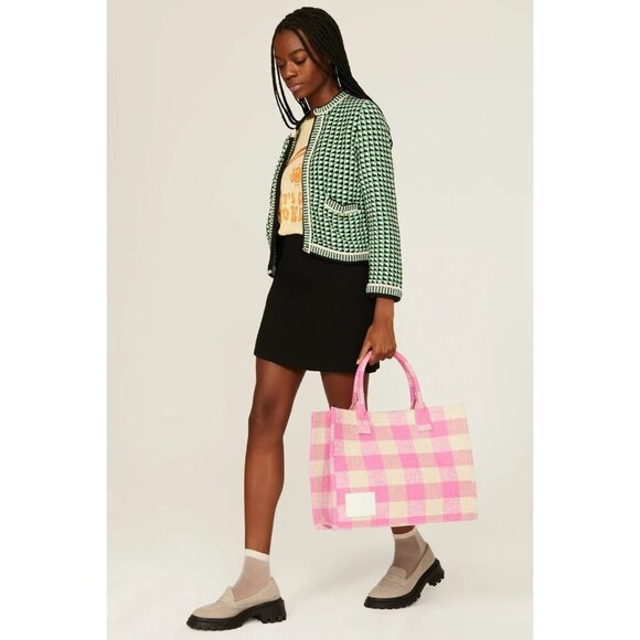 Sandro Pink Cream Gingham Check Pattern Calf Leather Patch Tote Bag - Picture 2 of 12